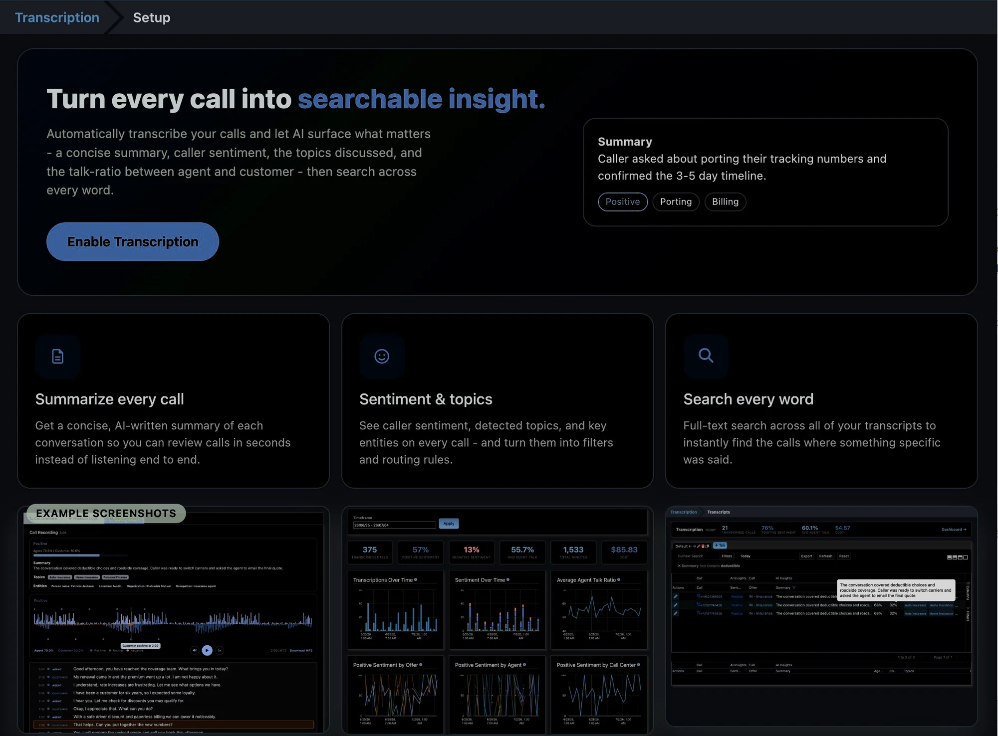 Transcription setup page with a one-click enable button and AI feature overview